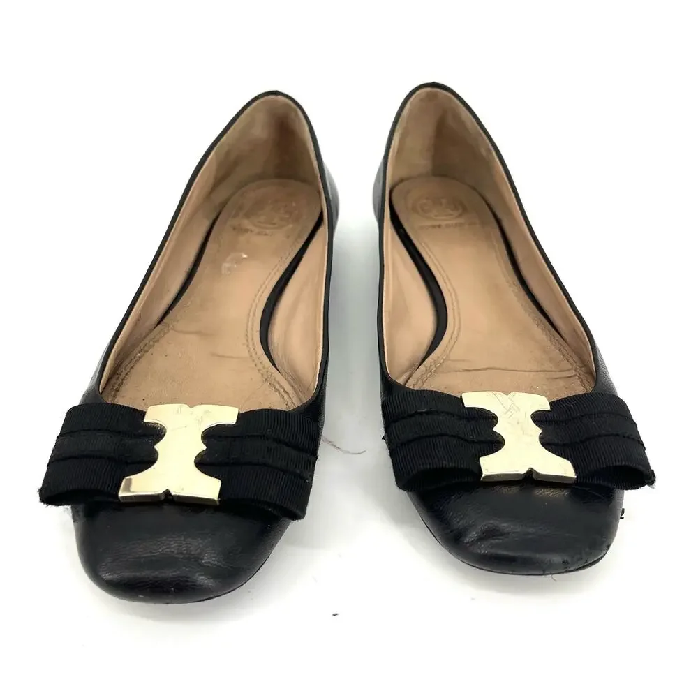 Tory Burch Black Leather Gemini Logo Flat Ballet‎ Pumps Ribbon Bow (5.5)